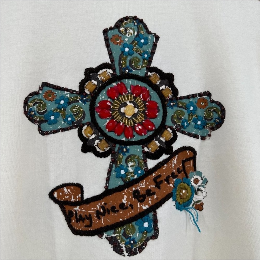 Double D Ranch Ivory Cross Embellished Play Nice Be Free Knit Medium Shirt